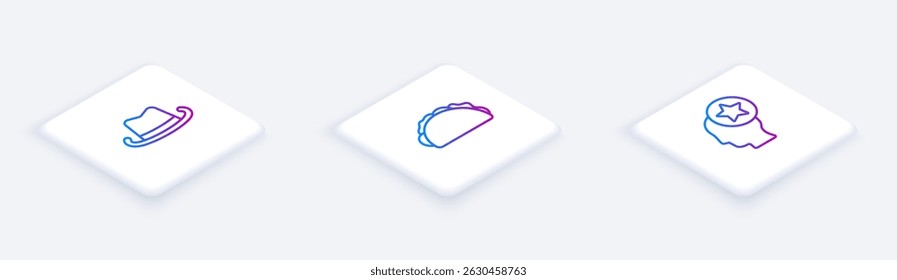 Set Isometric line Western cowboy hat, Taco with tortilla and USA Head. White square button. Vector