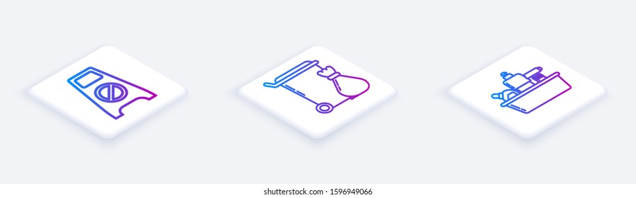 Set Isometric line Wet floor and cleaning in progress , Trash can  and Plastic bottles for liquid dishwashing liquid. White square button. Vector
