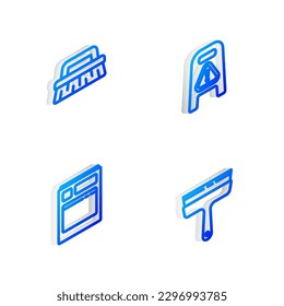 Set Isometric line Wet floor and cleaning in progress, Brush for, Kitchen dishwasher machine and Rubber cleaner windows icon. Vector