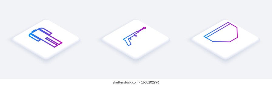 Set Isometric line Wetsuit for scuba diving, Fishing harpoon and Swimming trunks. White square button. Vector