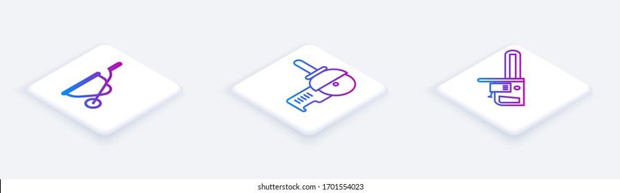 Set Isometric line Wheelbarrow, Angle grinder and Chainsaw. White square button. Vector