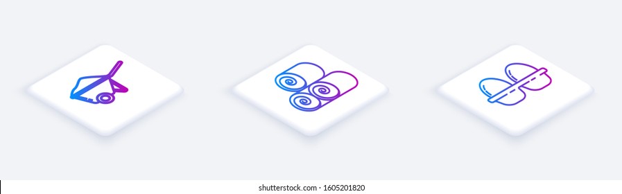 Set Isometric line Wheelbarrow with dirt, Roll of hay and Chicken egg in box. White square button. Vector