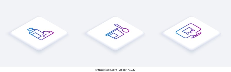 Set Isometric line Whipped cream in bottle, Yogurt container with spoon and Udder. White square button. Vector