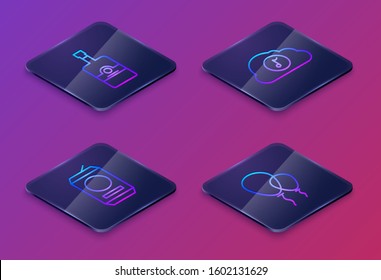 Set Isometric line Whiskey bottle , Beer can , Music streaming service  and Balloons with ribbon . Blue square button. Vector