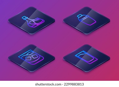 Set Isometric line Whiskey bottle and glass, Glass of whiskey, Cocktail shaker and Shot. Blue square button. Vector