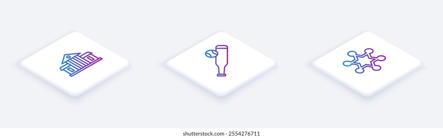 Set Isometric line White House, Baseball bat with ball and Hexagram sheriff. White square button. Vector