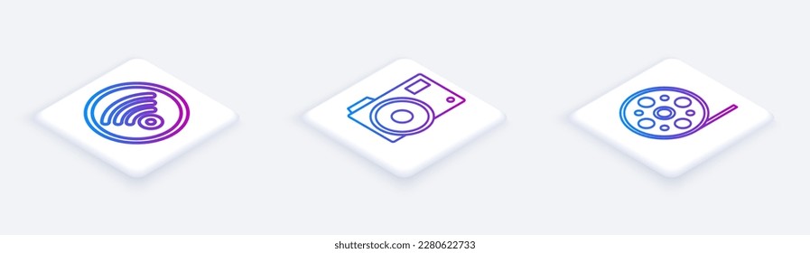 Set Isometric line Wi-Fi wireless internet network, Photo camera and Film reel. White square button. Vector