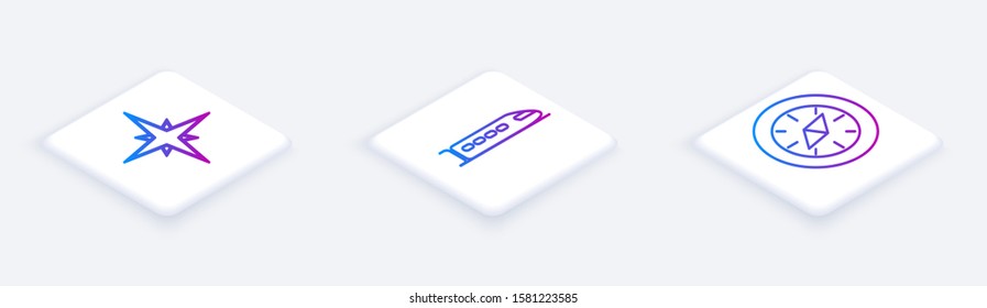 Set Isometric line Wind rose, Train and Compass. White square button. Vector