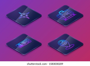 Set Isometric line Wind rose, Cruise ticket for traveling by ship, Suitcase for travel and stickers and Map pointer with mountain. Blue square button. Vector