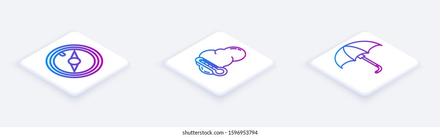 Set Isometric line Wind rose, Thermometer and cloud and Classic elegant opened umbrella. White square button. Vector