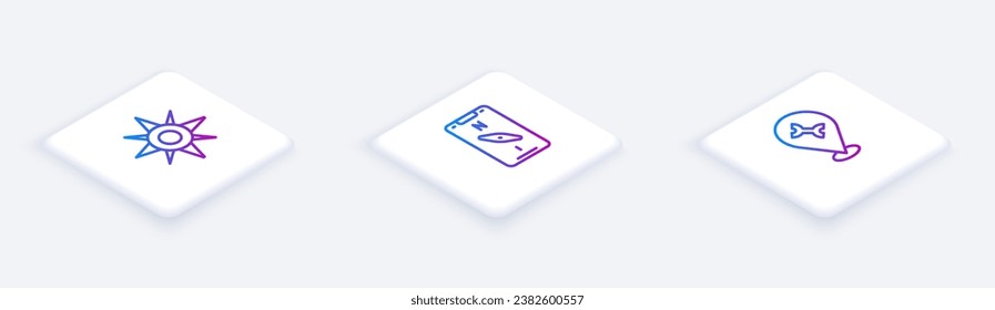 Set Isometric line Wind rose, Compass on mobile y Car service. Botón cuadrado blanco. Vector