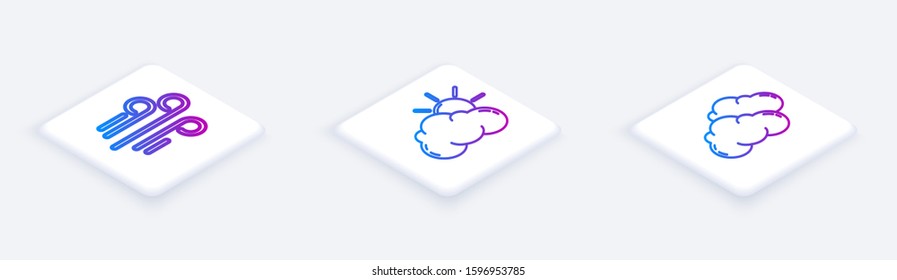Set Isometric line Wind, Sun and cloud weather and Cloud. White square button. Vector