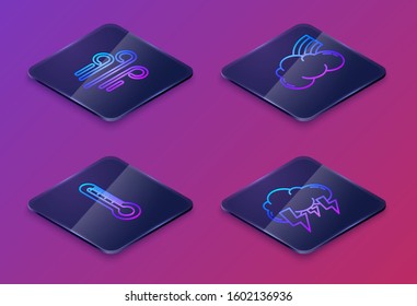 Set Isometric line Wind, Thermometer, Rainbow with clouds and Storm. Blue square button. Vector