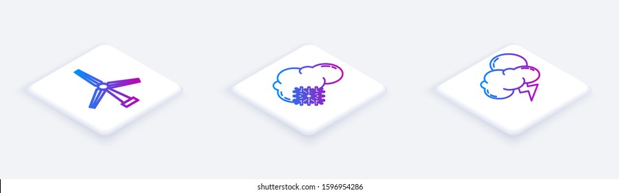 Set Isometric line Wind turbine, Cloud with snow and Storm. White square button. Vector