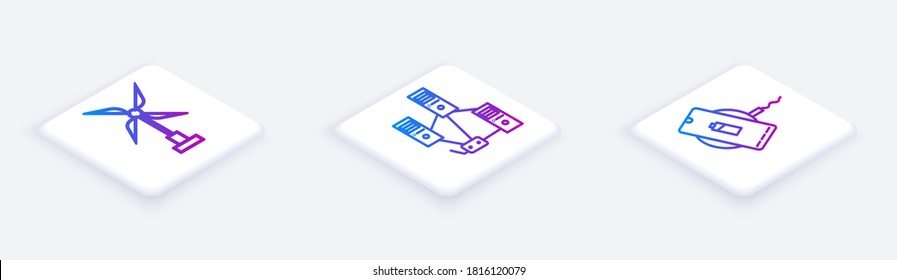 Set Isometric line Wind turbine, Computer network and Wireless charger. White square button. Vector