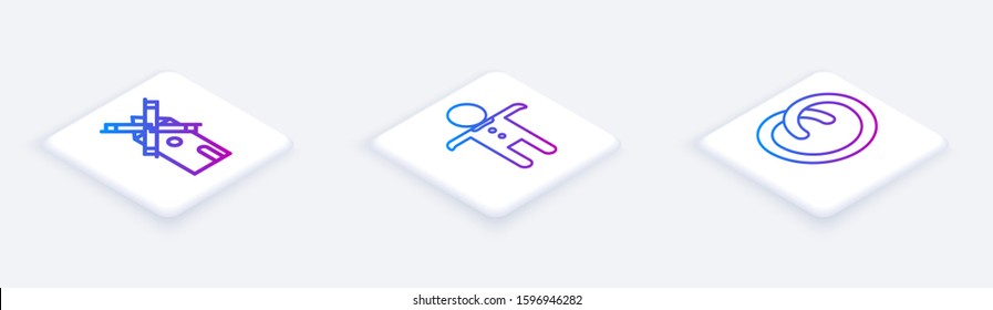 Set Isometric line Windmill , Holiday gingerbread man cookie  and Pretzel . White square button. Vector