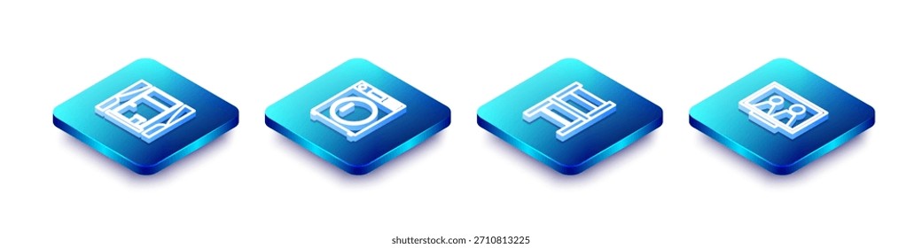 Set Isometric line Window with curtains, Washer, Chair and Picture frame on table icon. Vector