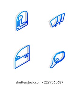 Set Isometric line Windscreen wiper, Gear shifter, Car door and mirror icon. Vector