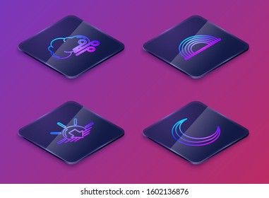 Set Isometric line Windy weather, Sunset, Rainbow with clouds and Moon and stars. Blue square button. Vector