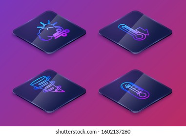 Set Isometric line Windy weather, Tornado, Thermometer and Thermometer. Blue square button. Vector