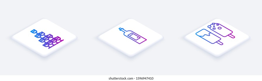 Set Isometric line Wine glasses stacked in a pyramid tower , Bottle of wine  and Ice cream . White square button. Vector