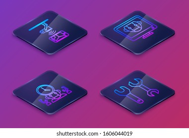 Set Isometric line Wireless Controlling CCTV security camera, Robot and digital time manager, Bot and Spanner. Blue square button. Vector