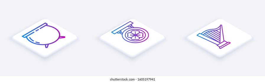 Set Isometric line Witch cauldron, Street signboard with four leaf clover and Harp. White square button. Vector