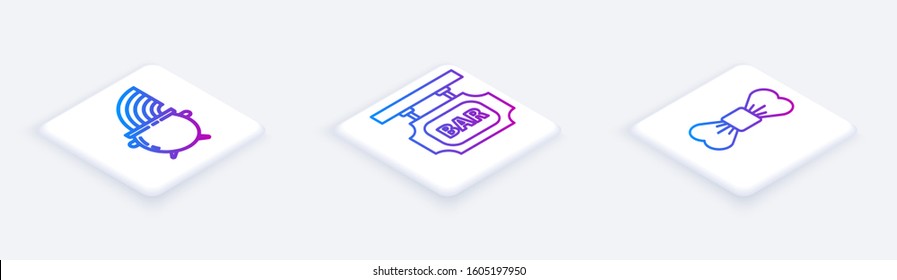 Set Isometric line Witch cauldron and rainbow, Street signboard with inscription Bar and Bow tie. White square button. Vector