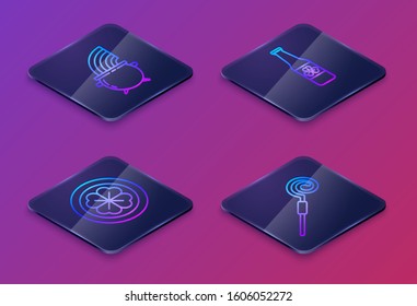 Set Isometric line Witch cauldron and rainbow, Gold coin with four leaf clover, Beer bottle with four leaf clover and Walking stick. Blue square button. Vector