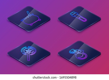 Set Isometric line Witch cauldron, Magic wand, Bottle with love potion and Bottle with love potion. Blue square button. Vector