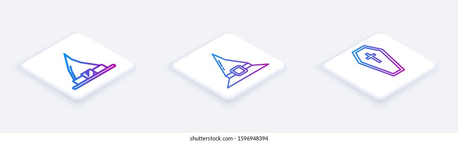 Set Isometric line Witch hat , Witch hat  and Coffin with christian cross . White square button. Vector