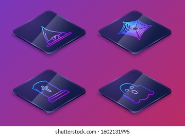 Set Isometric line Witch hat , Tombstone with cross , Spider web  and Ghost . Blue square button. Vector