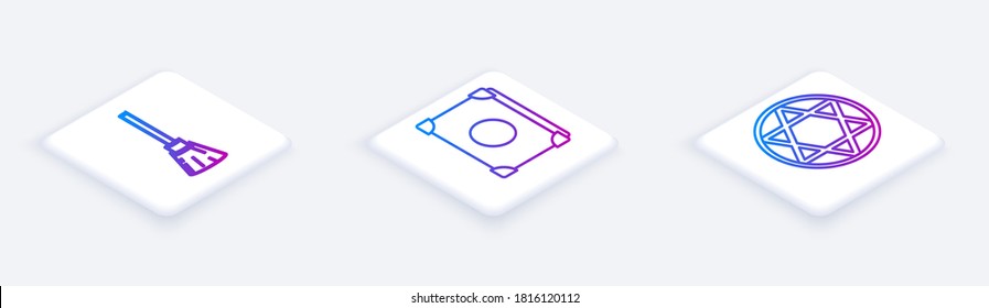 Set Isometric line Witches broom, Ancient magic book and Star of David. White square button. Vector