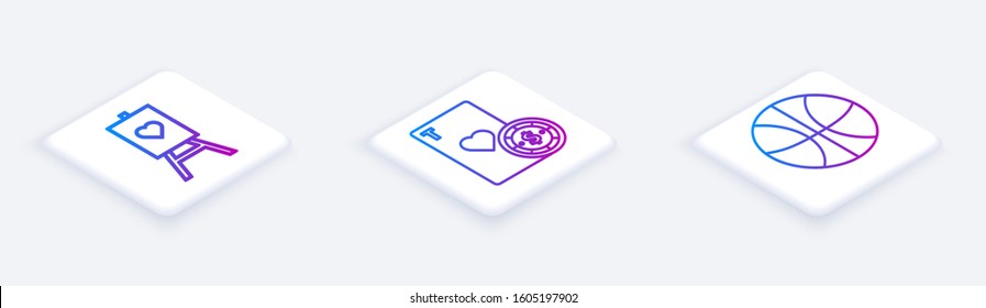 Set Isometric line Wood easel or painting art boards, Casino chip and playing cards and Basketball ball. White square button. Vector