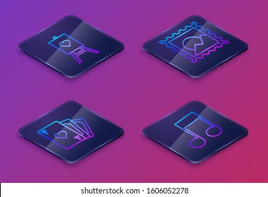 Set Isometric line Wood easel or painting art boards, Playing card with heart symbol, Picture landscape and Music note, tone. Blue square button. Vector