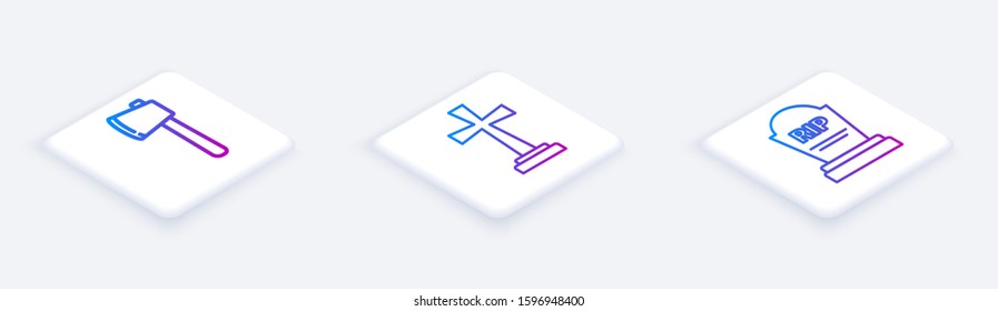 Set Isometric line Wooden axe , Tombstone with cross  and Tombstone with RIP. White square button. Vector