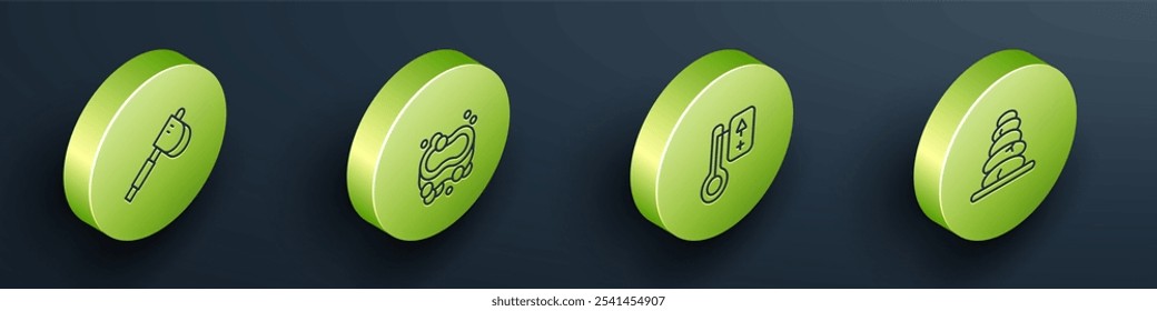 Set Isometric line Wooden axe, Bar of soap, Sauna thermometer and Stack hot stones icon. Vector