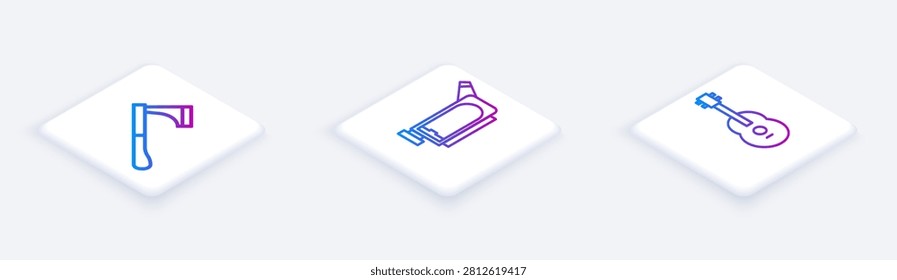Set Isometric line Wooden axe, Cinema camera and Guitar. White square button. Vector