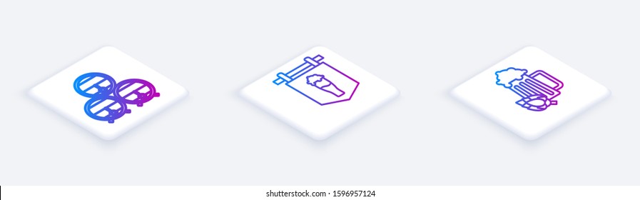 Set Isometric line Wooden barrel on rack with stopcock, Street signboard with glass of beer and Glass of beer and hop. White square button. Vector