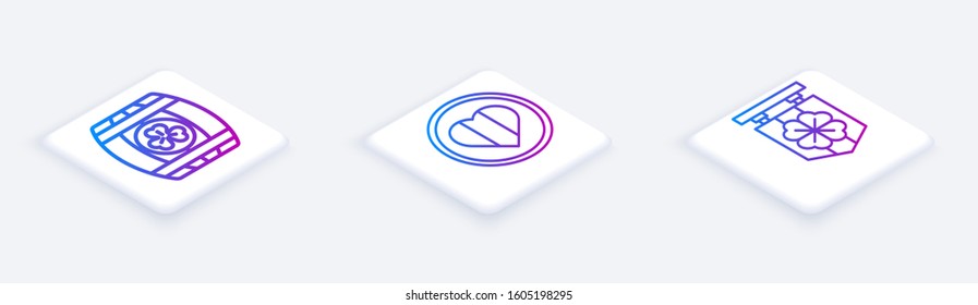 Set Isometric line Wooden barrel with four leaf clover, Heart and Happy Saint Patrick day and Street signboard with four leaf clover. White square button. Vector