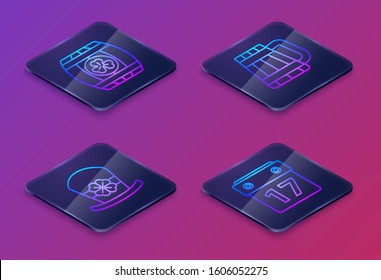 Set Isometric line Wooden barrel with four leaf clover, Leprechaun hat and four leaf clover, Wooden beer mug and Saint Patrick's day with calendar. Blue square button. Vector