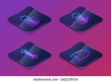 Set Isometric line Wooden beer mug, Hotdog sandwich with mustard, Glass of beer and hop and Salami sausage. Blue square button. Vector