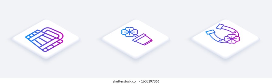 Set Isometric line Wooden beer mug, Four leaf clover in pot and Horseshoe with four leaf clover. White square button. Vector