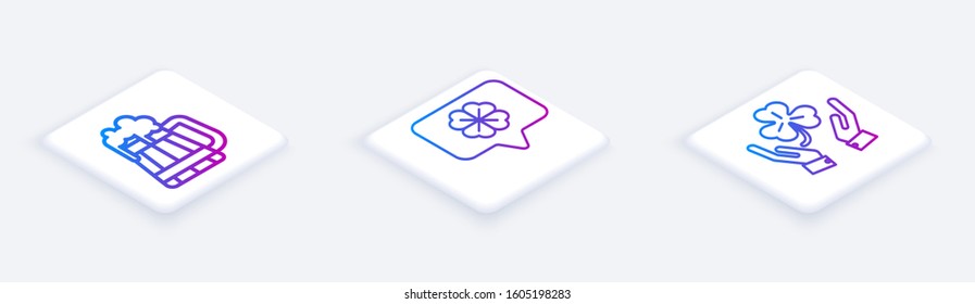 Set Isometric line Wooden beer mug, Four leaf clover in speech bubble and Human hands holding four leaf clover. White square button. Vector