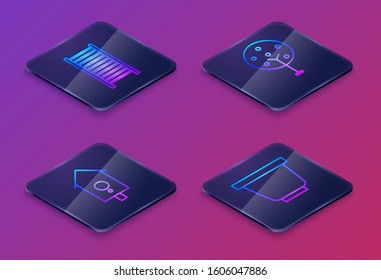 Set Isometric line Wooden staircase, Retro wall watch, Tree and Flower pot. Blue square button. Vector