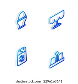 Fijar la línea isométrica Mesa de madera, Huevo de pollo en el soporte, Icono de Sal y pimienta. Vector
