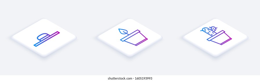 Set Isometric line Worker hat, Plant in pot and Cactus and succulent in pot. White square button. Vector