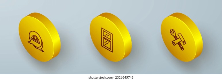 Isometrisches Line-Arbeiter-Sicherheitshelm, Fenster im Raum und Hammer- und Schraubenschlüssel-Symbol festlegen. Vektorgrafik