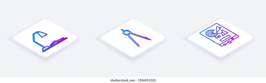 Set Isometric line Workplace with table lamp and open book, Drawing compass and Board with graph chart. White square button. Vector