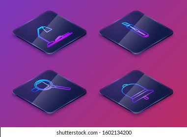 Set Isometric line Workplace with table lamp and open book, Magnifying glass, Stationery knife and Ringing bell. Blue square button. Vector